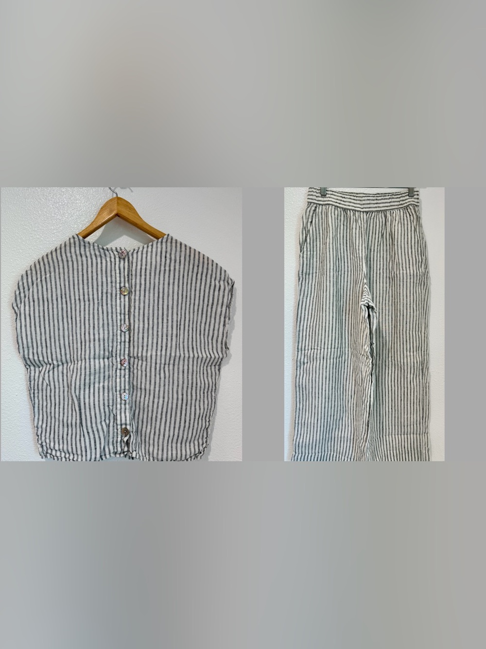 Tahari Black White Striped Linen Button Back Top Crop Pants Lounge 2 Piece Set M